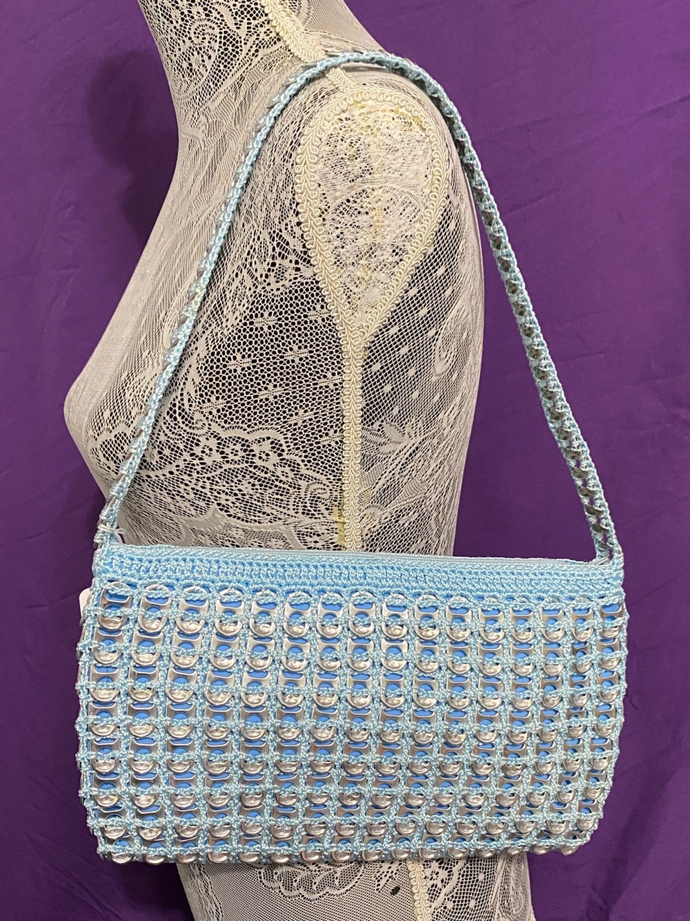 Upcycled Light Blue Soda Can Tab Crochet Shoulder Bag from Recycled Planet Store